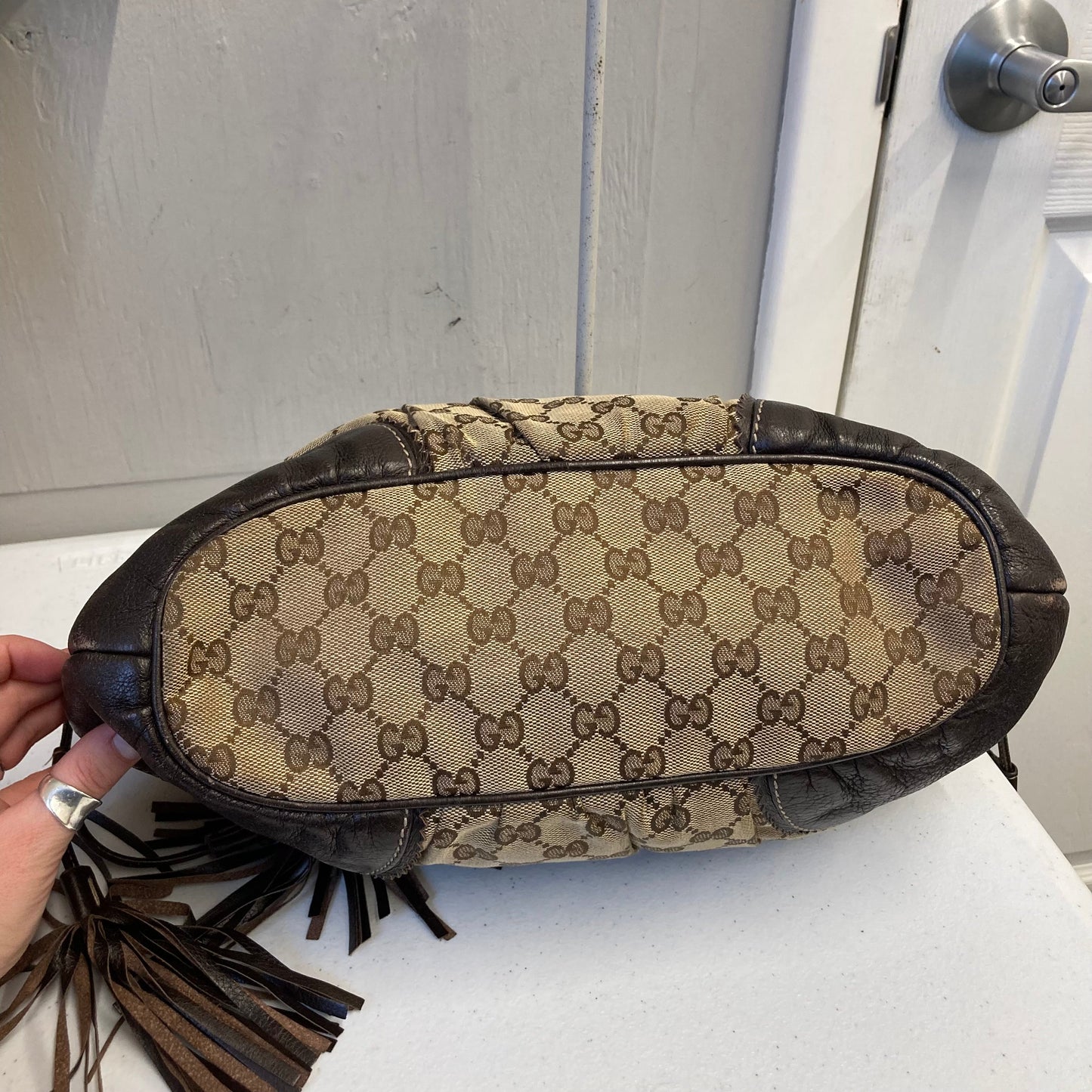 Handbag Luxury Designer By Gucci In Brown & Tan, Size:Medium