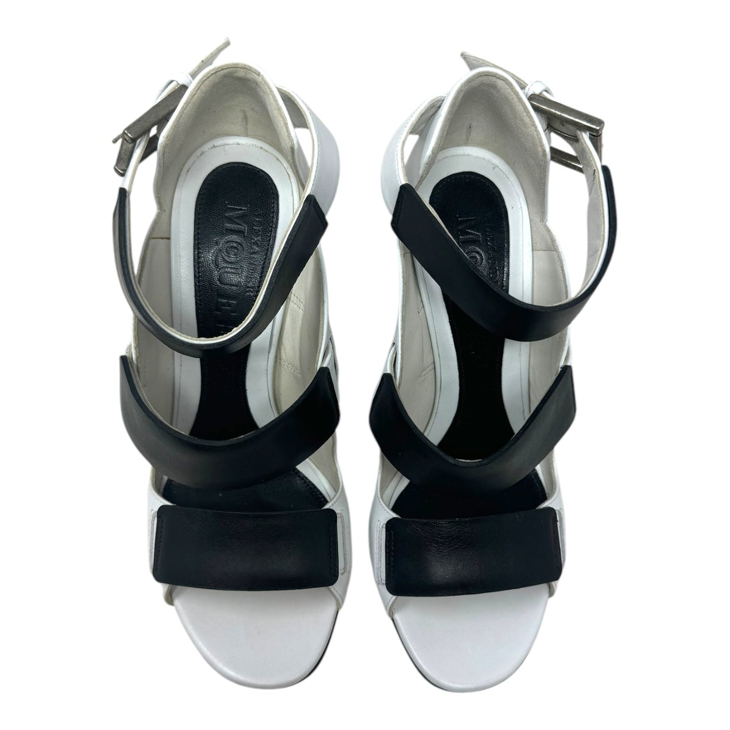 Triple Buckle Leather Stiletto Sandals Luxury Designer By Alexander Mcqueen In Black & White, Size: 6.5