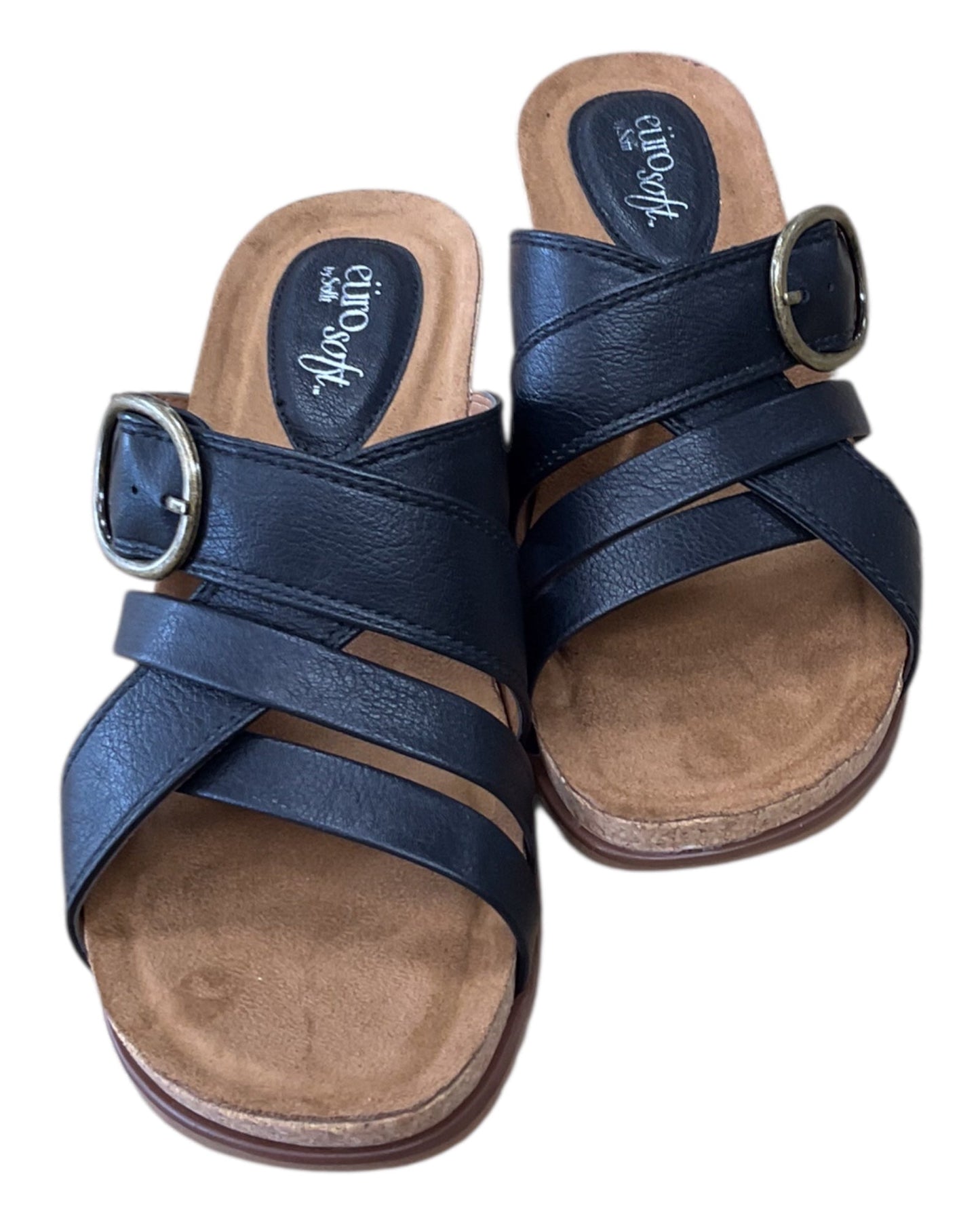 Sandals Heels Wedge By Sofft In Black & Tan, Size:7.5