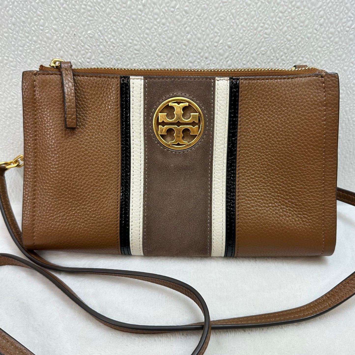 Carson stripe leather Crossbody Designer By Tory Burch, Size: Small
