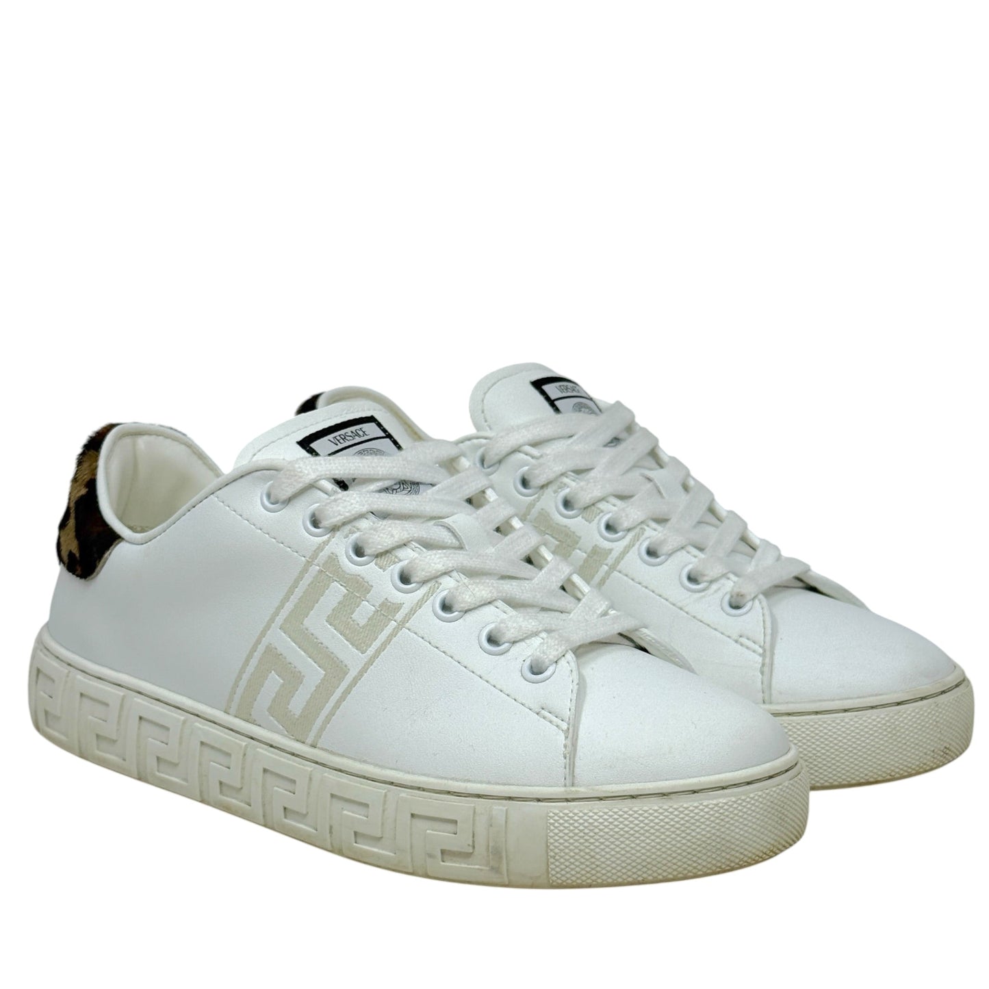Greca Leopard Embroidered Sneakers Luxury Designer By Versace In White, Size: 7.5