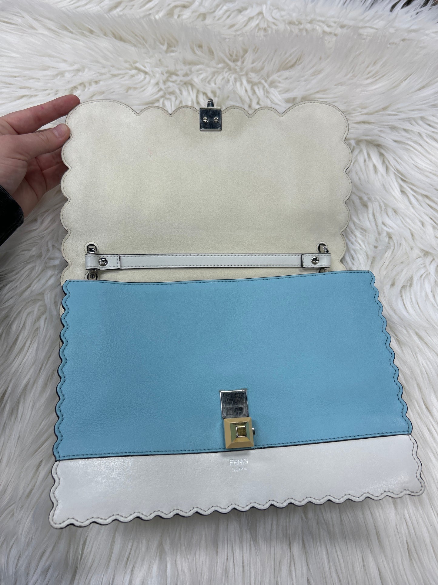 Handbag Luxury Designer By Fendi In Cream & Red, Size:Medium