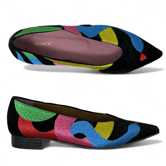 Soul of Colette Vegan Embroidered Eco Suede Ballerinas By Momoc In Black Multi-colored, Size: US 7/EU 38