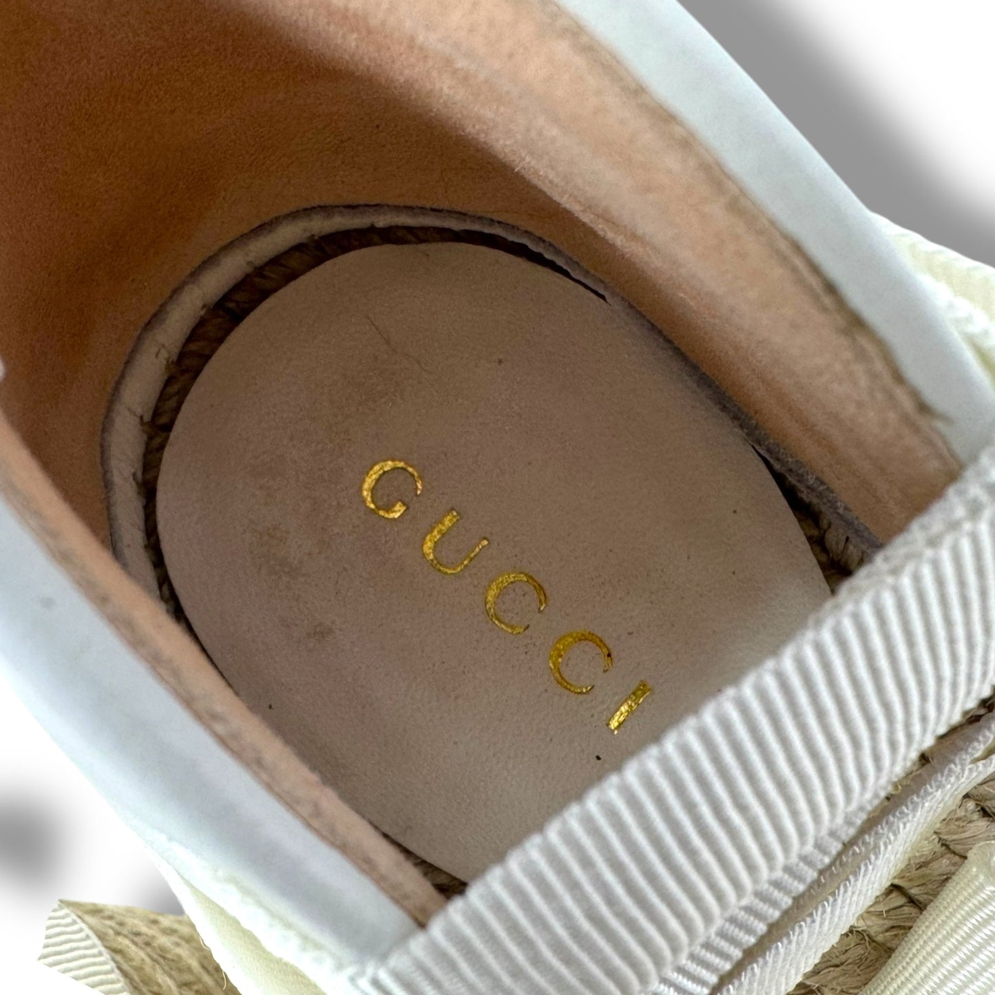 GG Logo Quilted Leather Wrap Espadrille Wedge Shoes Luxury Designer By Gucci In White, Size: 9