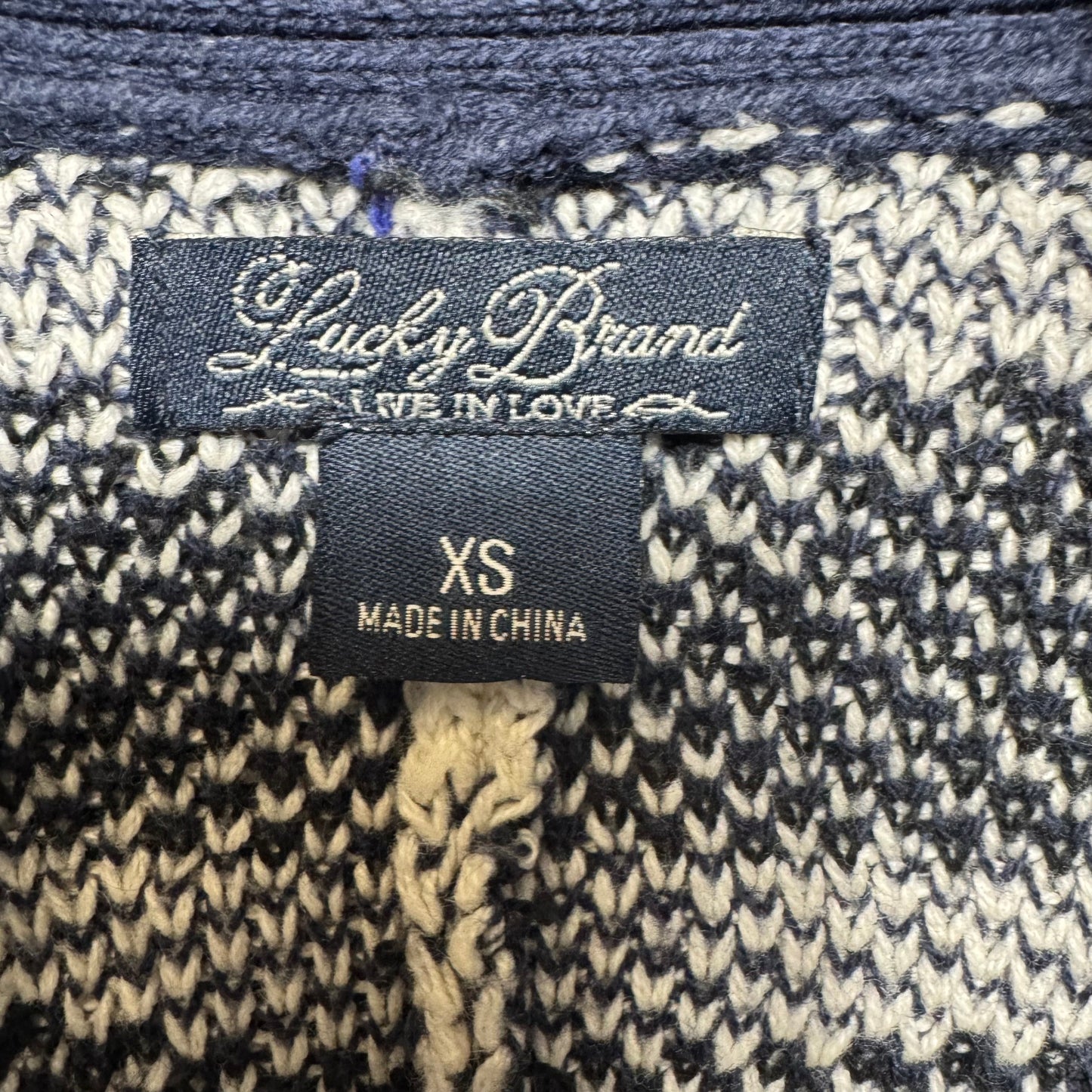 Intarsia Tribal Print Open Front Longline Cardigan Sweater By Lucky Brand In Blue & White, Size: XS