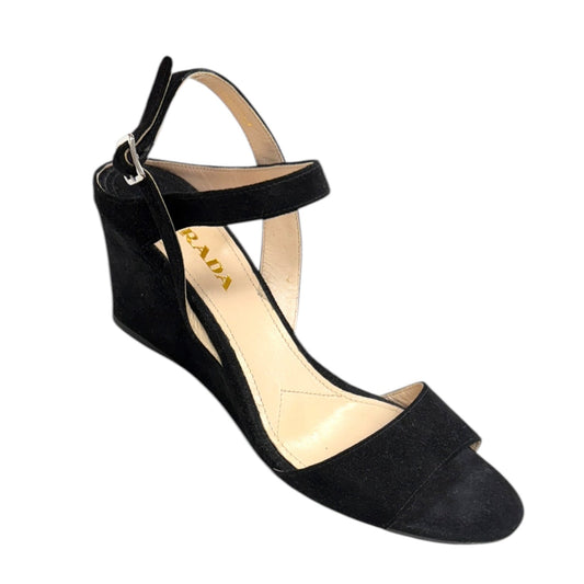 Calzature Donna Suede Wedge Sandal, Nero - Camoscio Luxury Designer By Prada  Size: 9