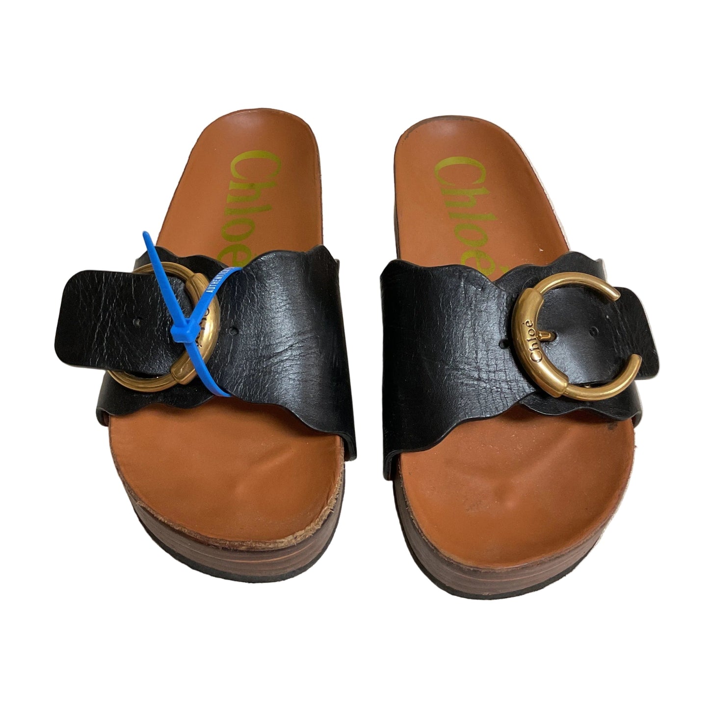 Sandals Luxury Designer By Chloe In Black & Gold, Size:5.5