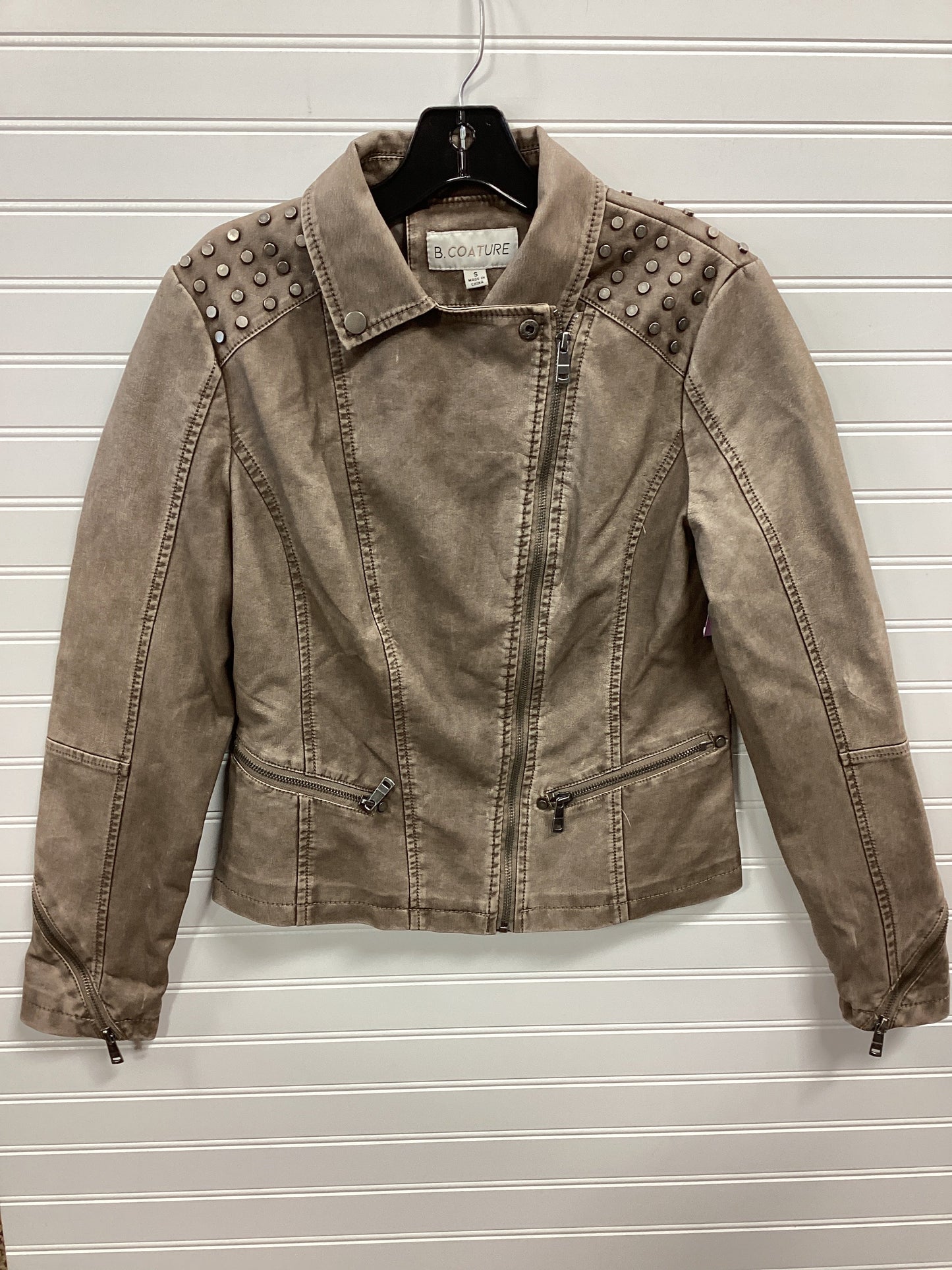 Jacket Moto By Clothes Mentor In Taupe, Size:S
