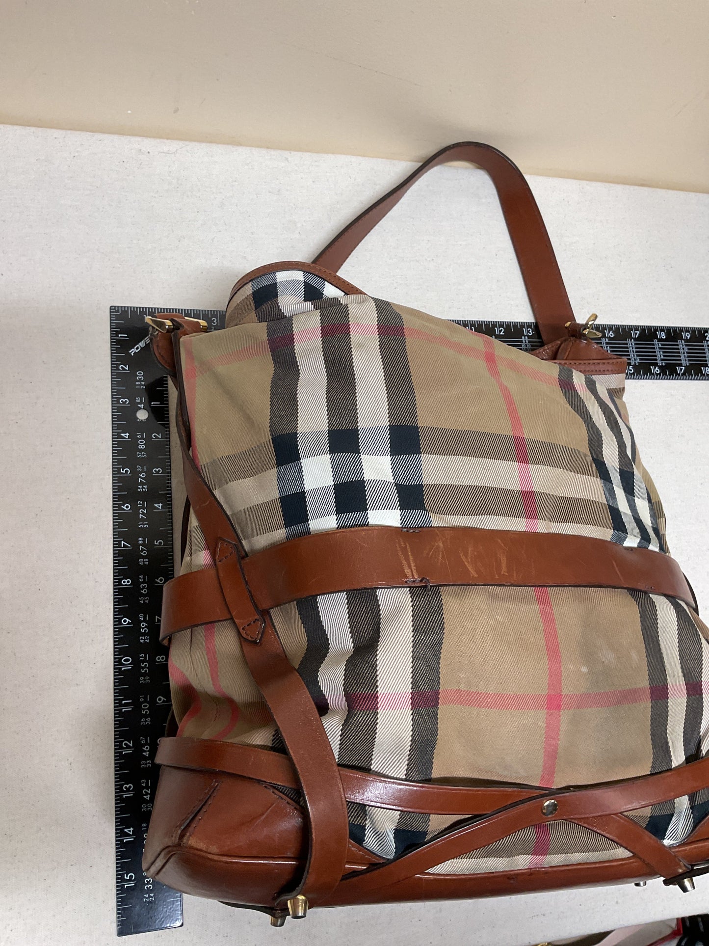 Handbag Luxury Designer By Burberry In Plaid Pattern, Size:Large