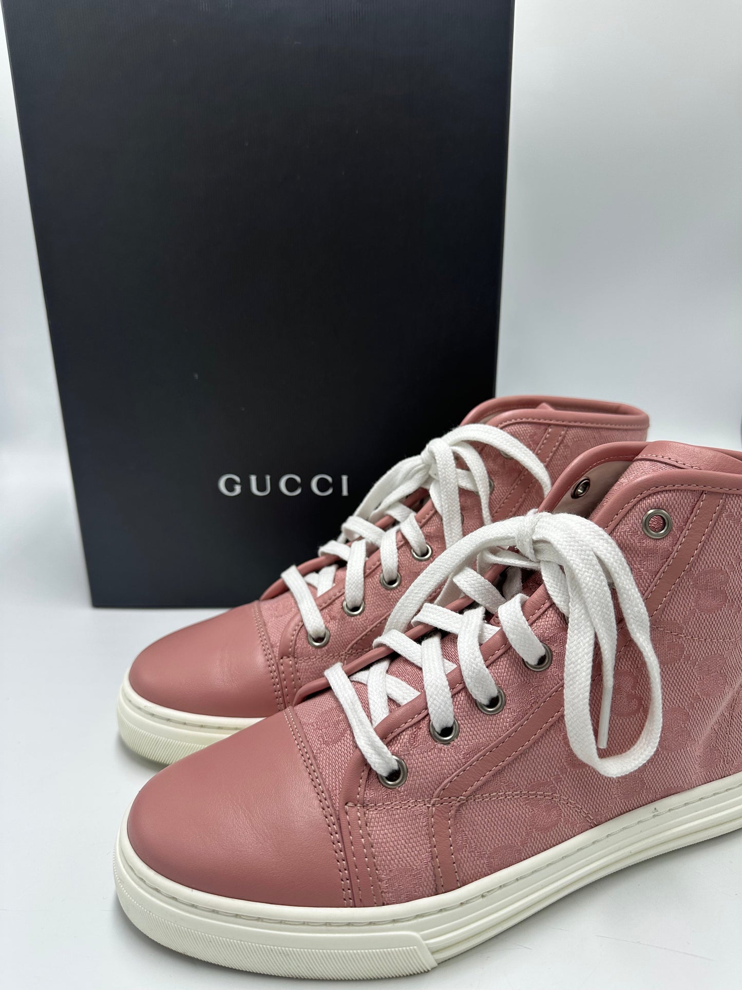 Gucci Miro Soft High Top Luxury Designer Sneaker In Pink, Size: 6