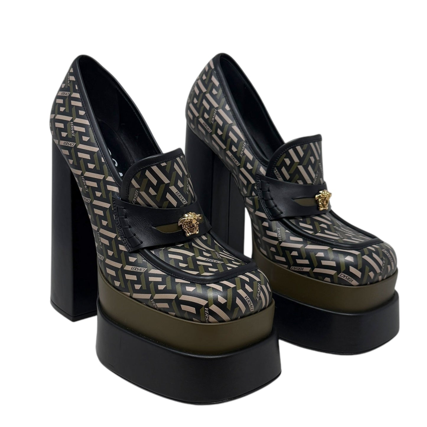 Juno La Greca Print Platform Pumps Luxury Designer By Versace In Geometric Pattern, Size: 10