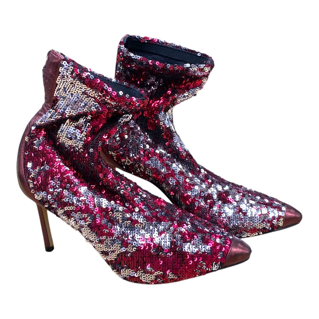 Boots Luxury Designer By Jimmy Choo In Red & Silver, Size:5.5