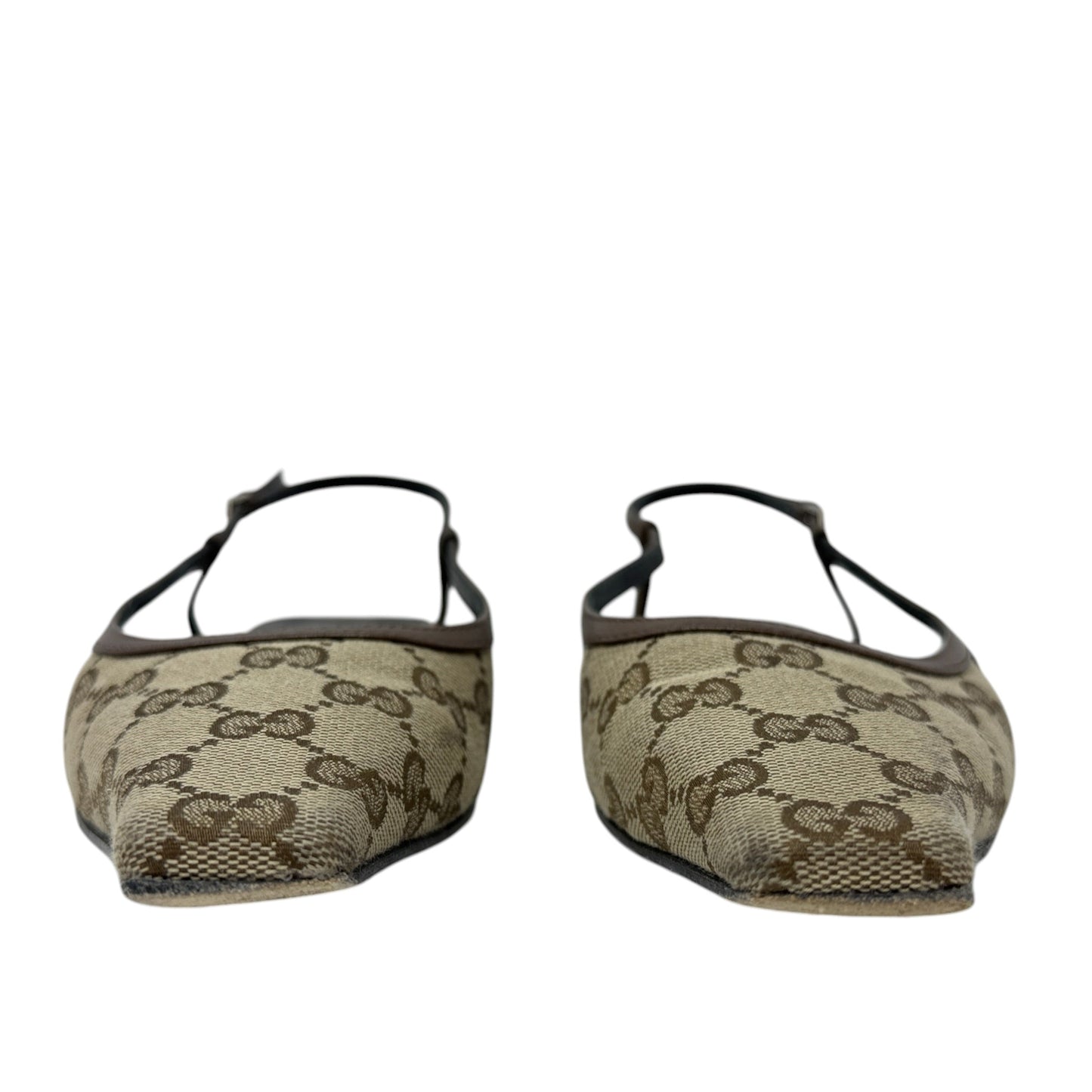 GG Monogram Malaga Kid Square Toe Slingback Pumps Luxury Designer By Gucci In Beige Ebony New Acero, Size: 8 (IT 38)