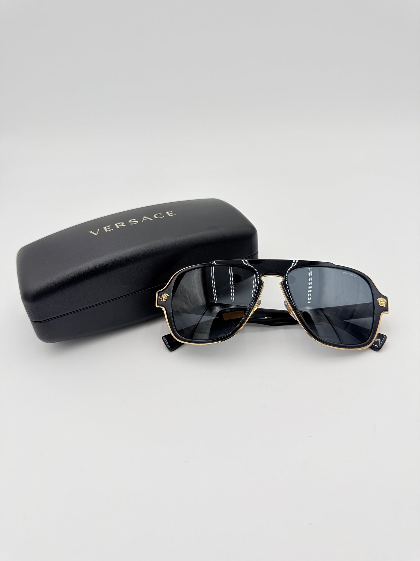 Sunglasses Luxury Designer By Versace In Black & Gold, Size: