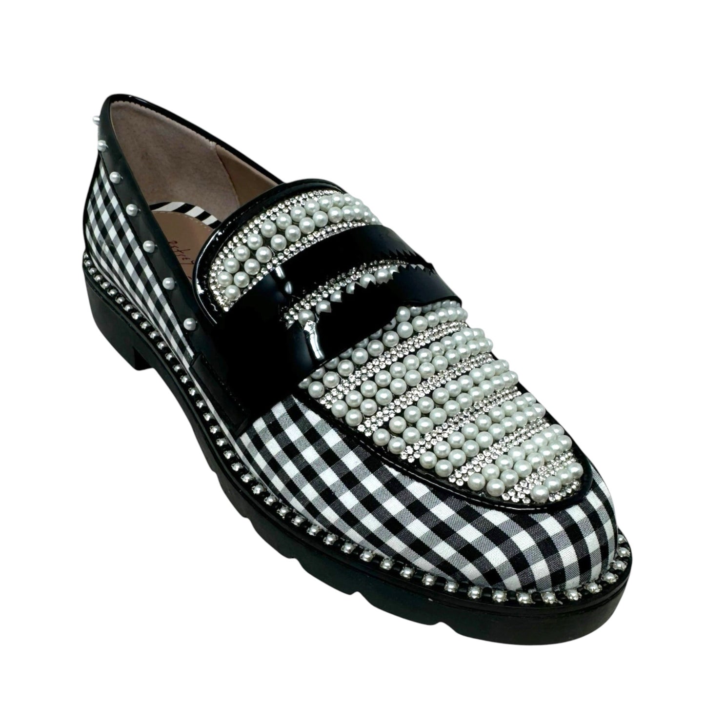 Darian Pearl-Embellished Tailored Lug-Sole Loafers By Betsey Johnson In Black & White, Size: 6.5