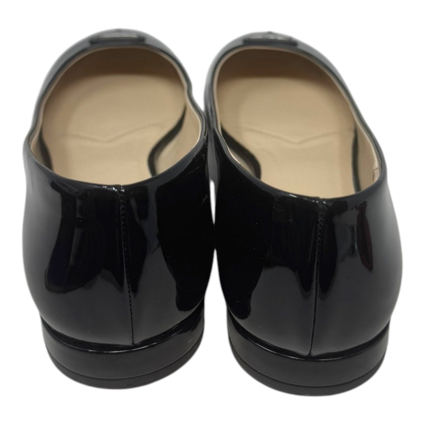 Logo Ballerina Flats Luxury Designer By Prada In Black Patent Leather, Size: 9