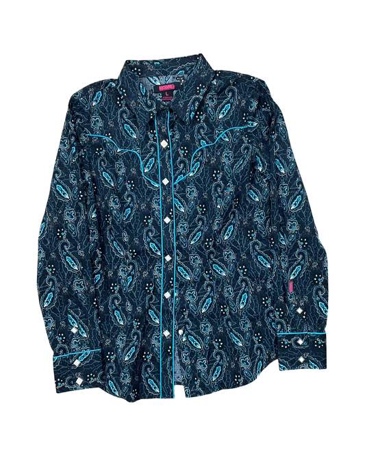 Blouse Ls By Rock & Roll In Black & Blue, Size:L