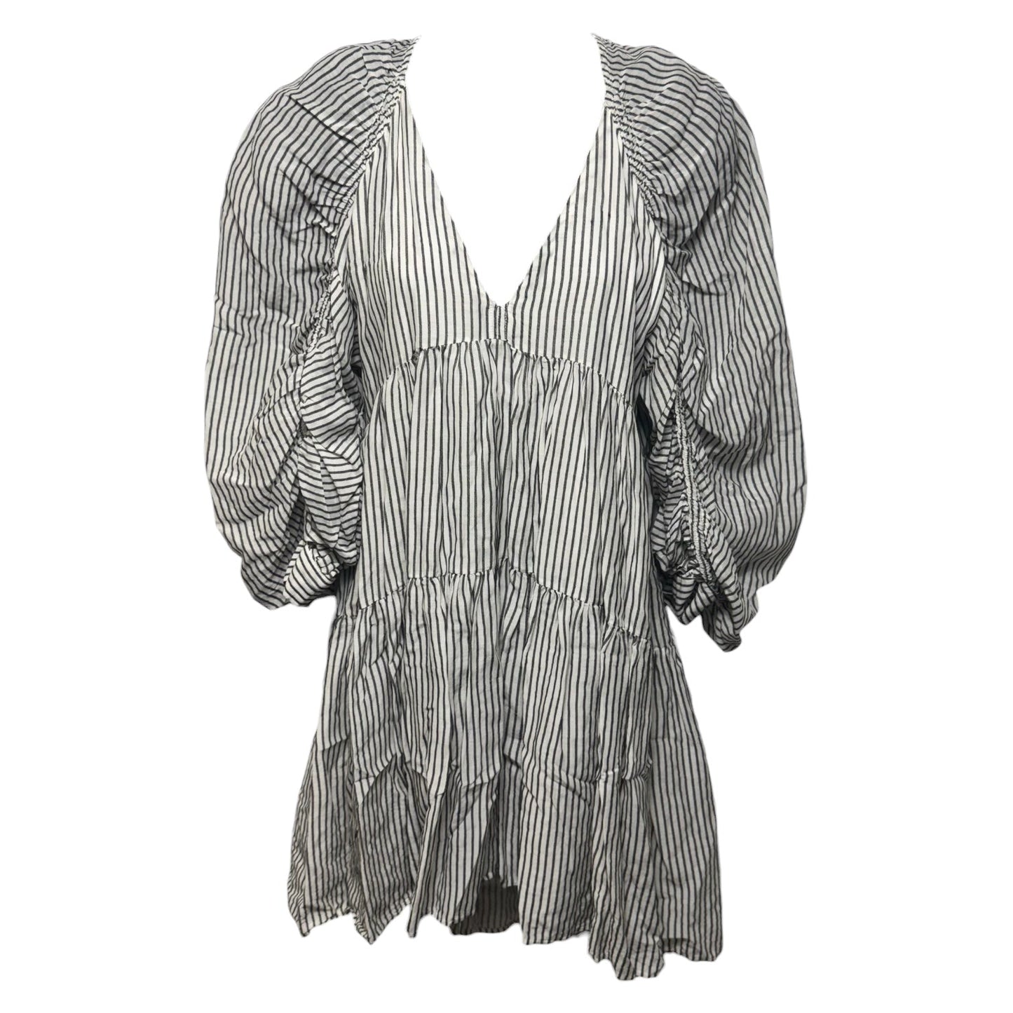 Shirred Empire Waist Tiered Mini Dress By Frame In Striped Pattern, Size: XS