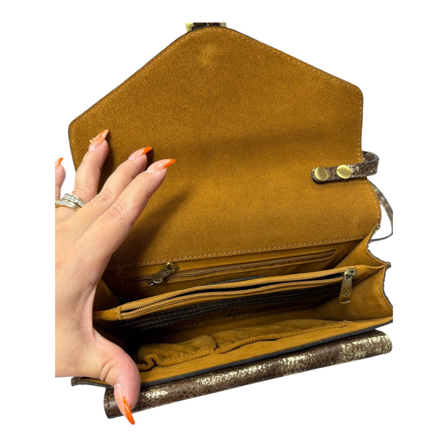 Crossbody Designer By Patricia Nash In Brown & Gold, Size:Small