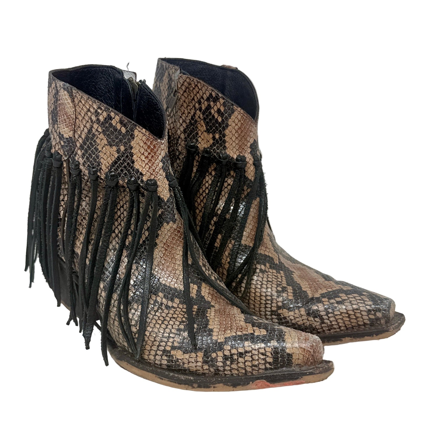 Anahi Fringe Western Snip Toe Booties By Tony Lama In Snakeskin Print, Size: 8.5
