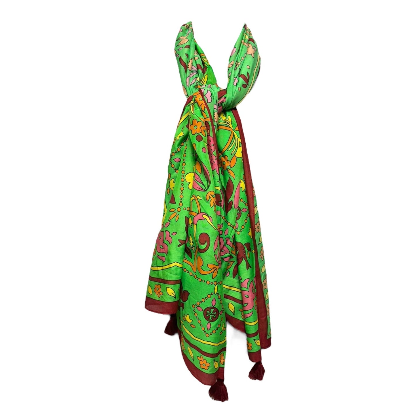 Cotton & Silk Tassel Folk Art Printed Pareo Designer By Tory Burch In Green Splash, Size: Osfm