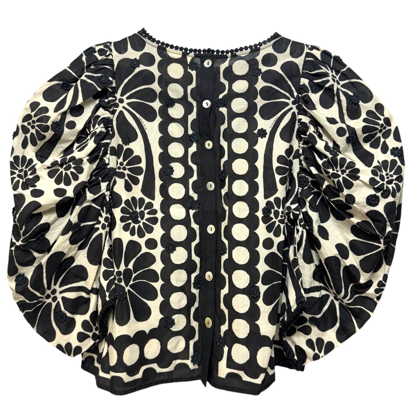 Palermo Puff-Sleeve Button-Back Blouse By Farm Rio In Black & Cream, Size: M