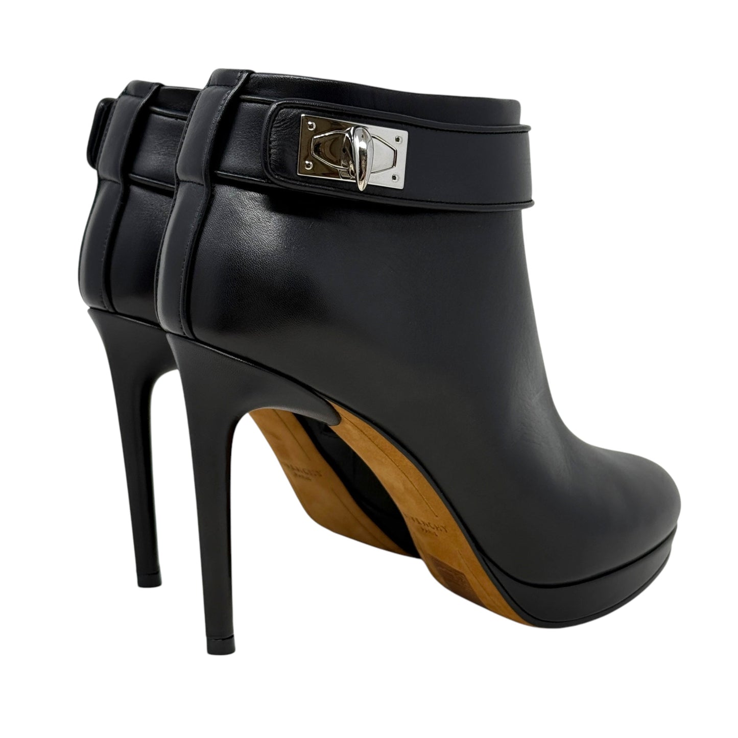 Shark Lock Stiletto Booties Luxury Designer By Givenchy In Black Calf Leather, Size: US 6.5/IT 36.5