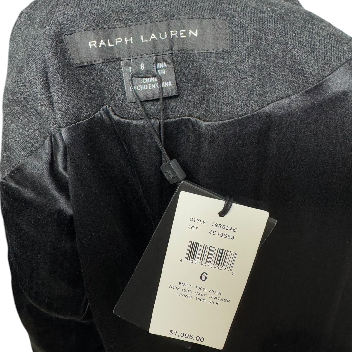 Leather Trim Wool Silk Lined Blazer By Ralph Lauren Black Label In Grey, Size: 6