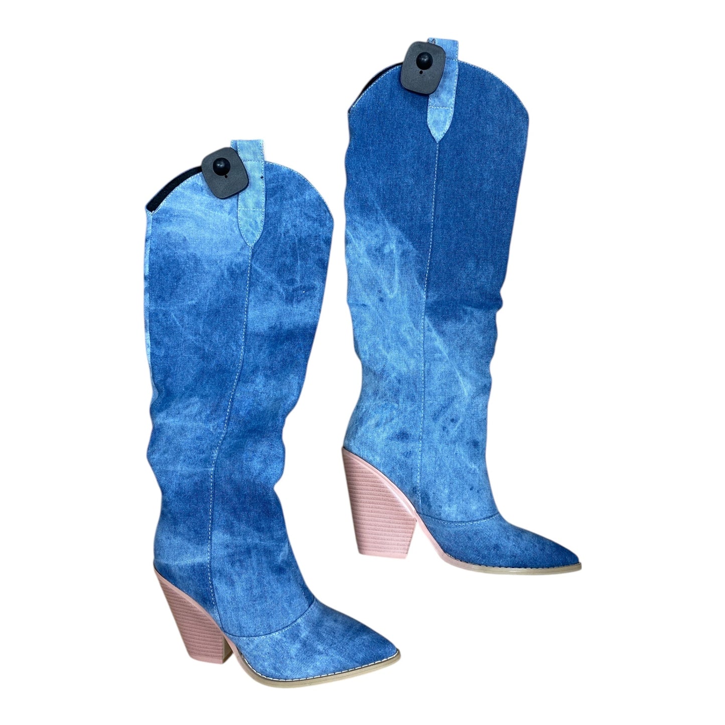 Boots Knee Heels By Clothes Mentor In Blue Denim, Size:6