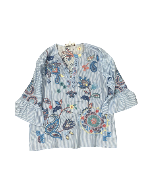 Top 3/4 Sleeve By Johnny Was In Blue, Size:L
