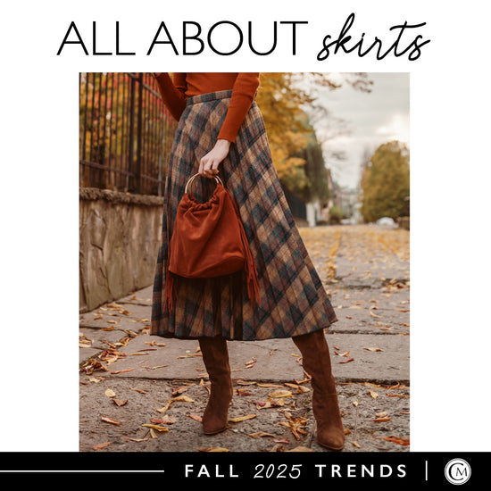 Person wearing a plaid skirt and holding a red bag on a leaf-covered path with text 'All About Skirts Fall 2025 Trends'.