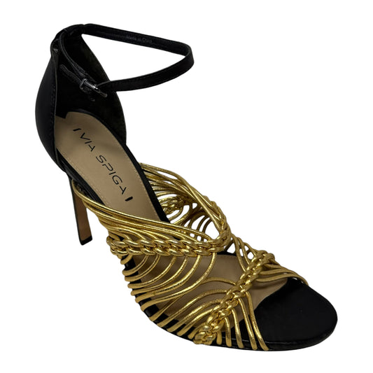 Dorian Stiletto Leather Sandals By Via Spiga In Black & Gold, Size: 7.5
