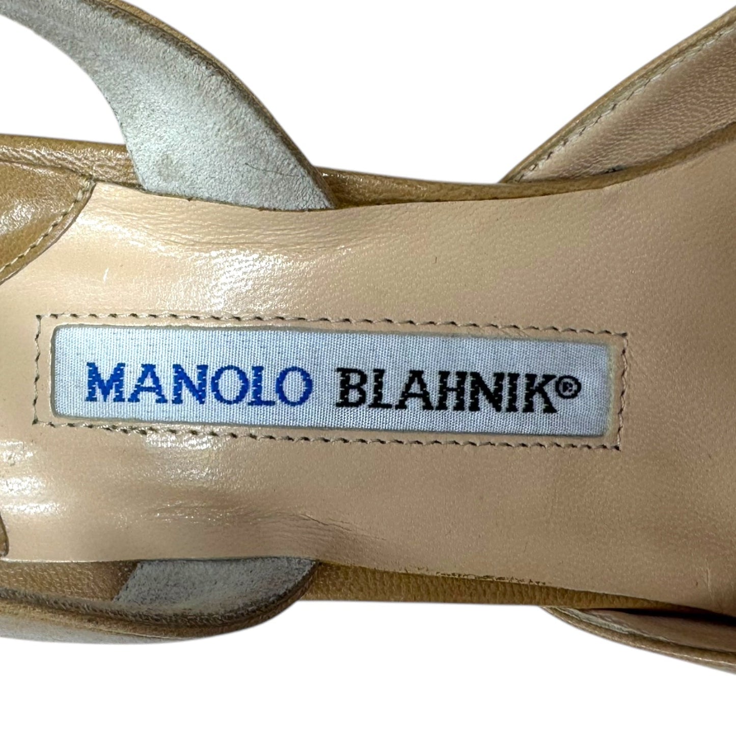 Carolyne Slingback Leather Heels Shoes Luxury Designer By Manolo Blahnik In Beige, Size: 10