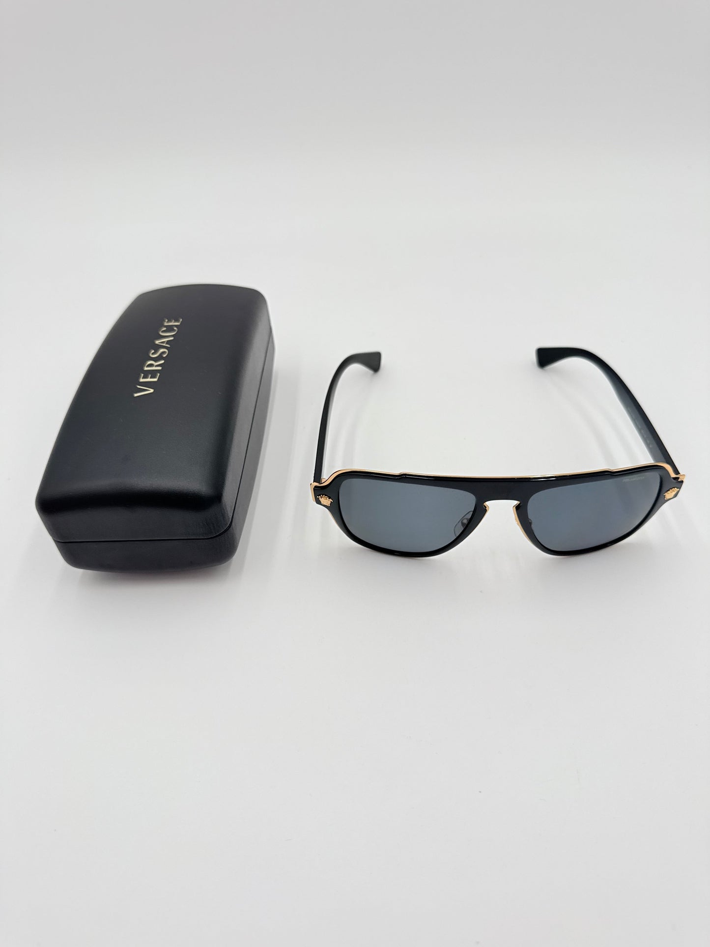 Sunglasses Luxury Designer By Versace In Black & Gold, Size: