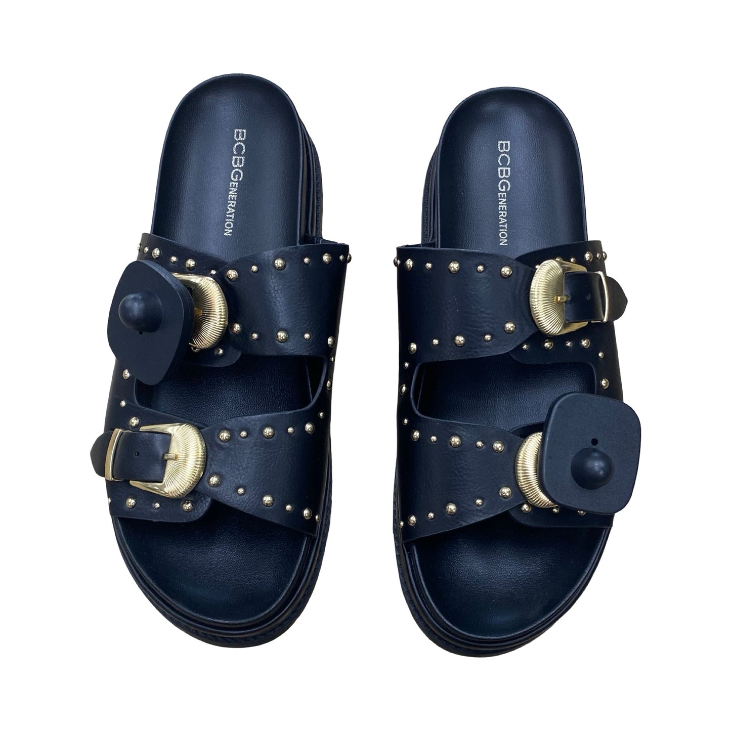 Sandals Flats By Bcbgeneration In Black & Gold, Size:9