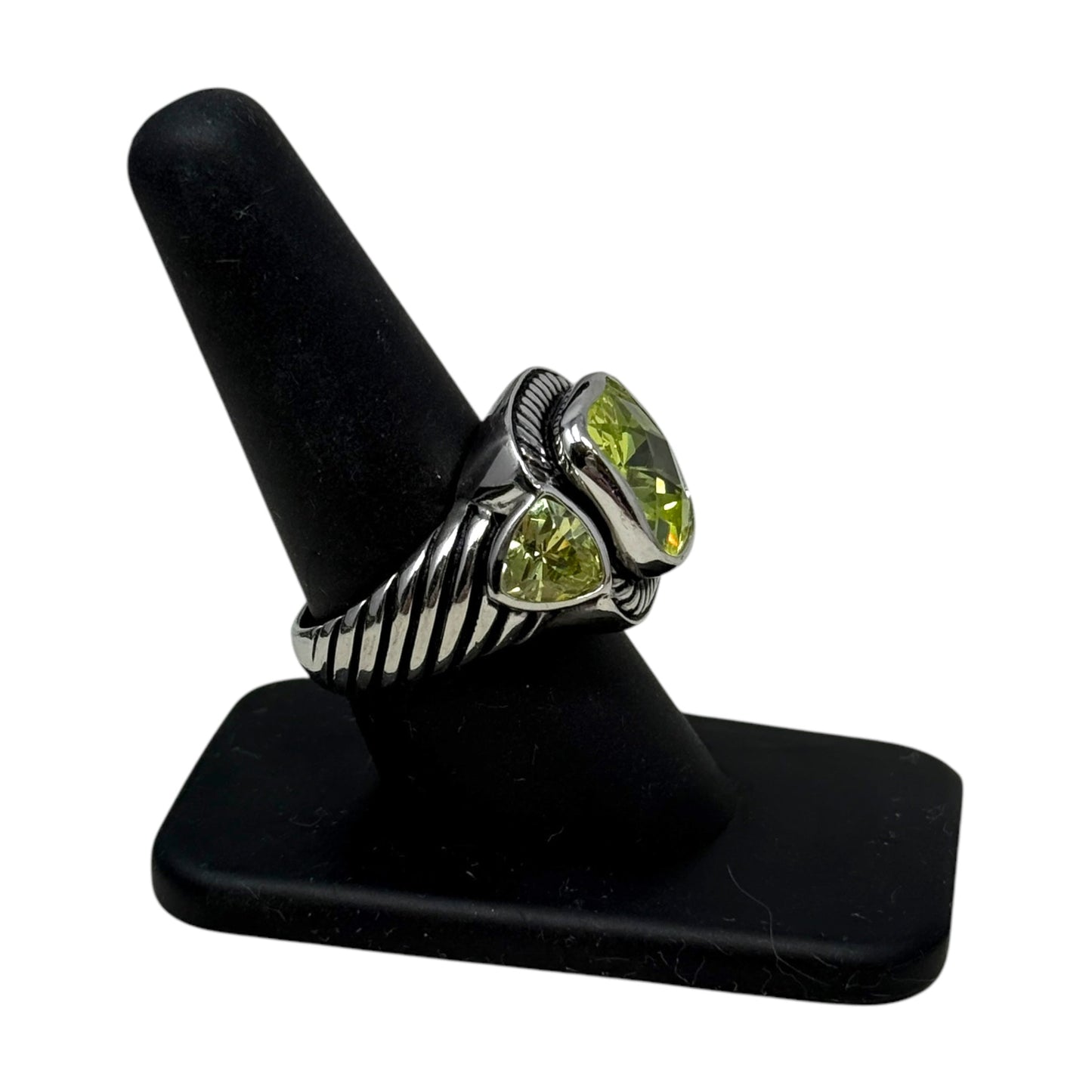 Sterling Silver Cable Design Cushion Cut Green Quartz Stone Statement Ring By Unbranded, Size: 9