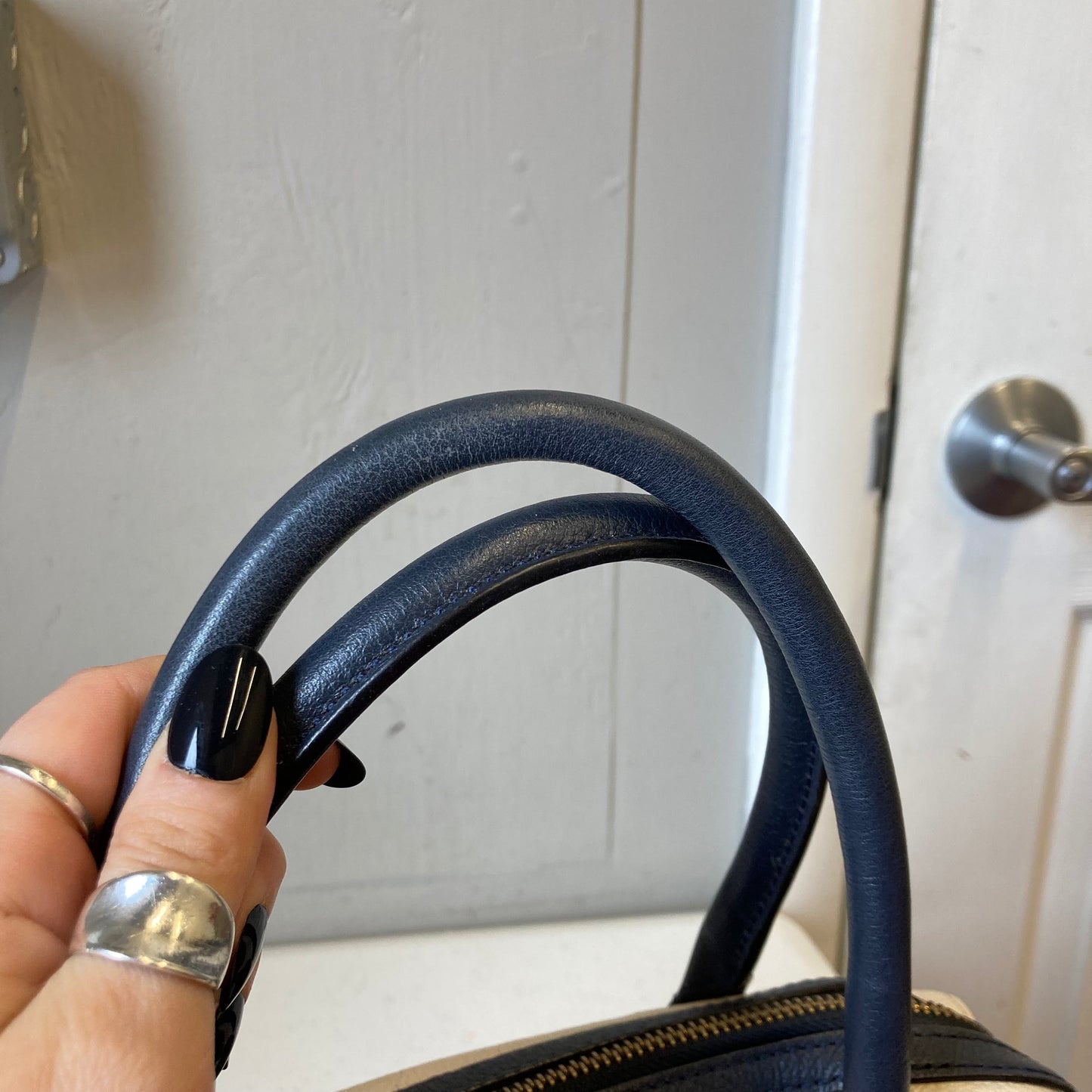 Handbag Designer By Kate Spade In Blue & White, Size:Medium