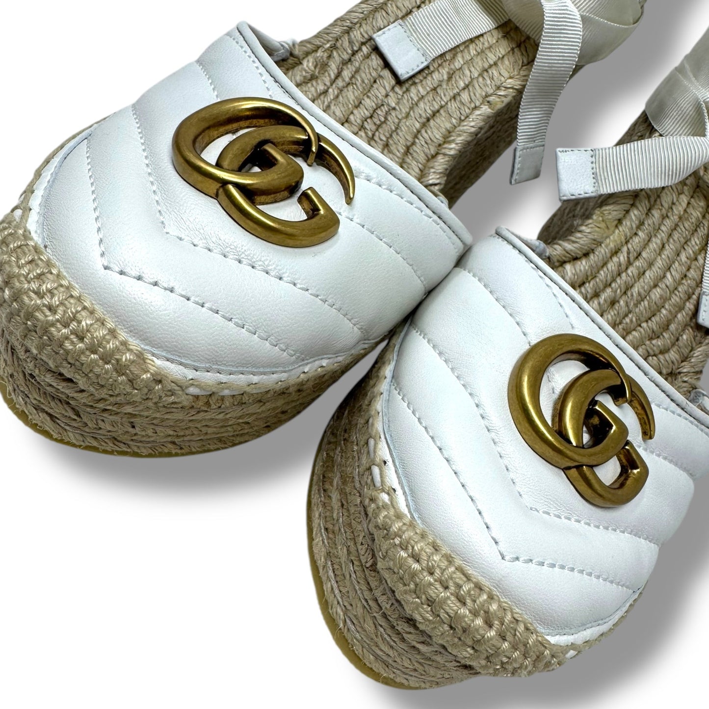 GG Logo Quilted Leather Wrap Espadrille Wedge Shoes Luxury Designer By Gucci In White, Size: 9