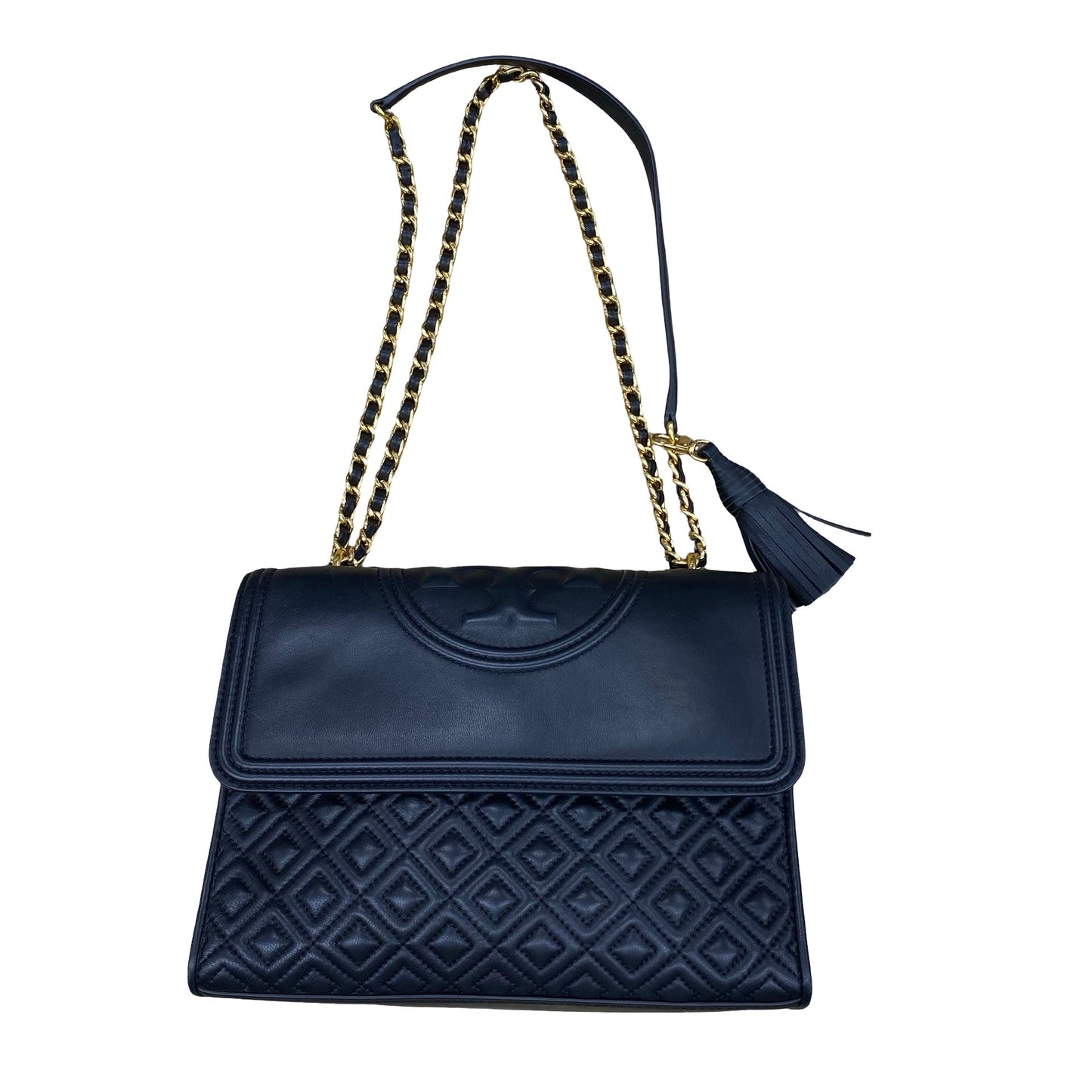 Handbag Designer By Tory Burch In Black & Gold, Size:Medium