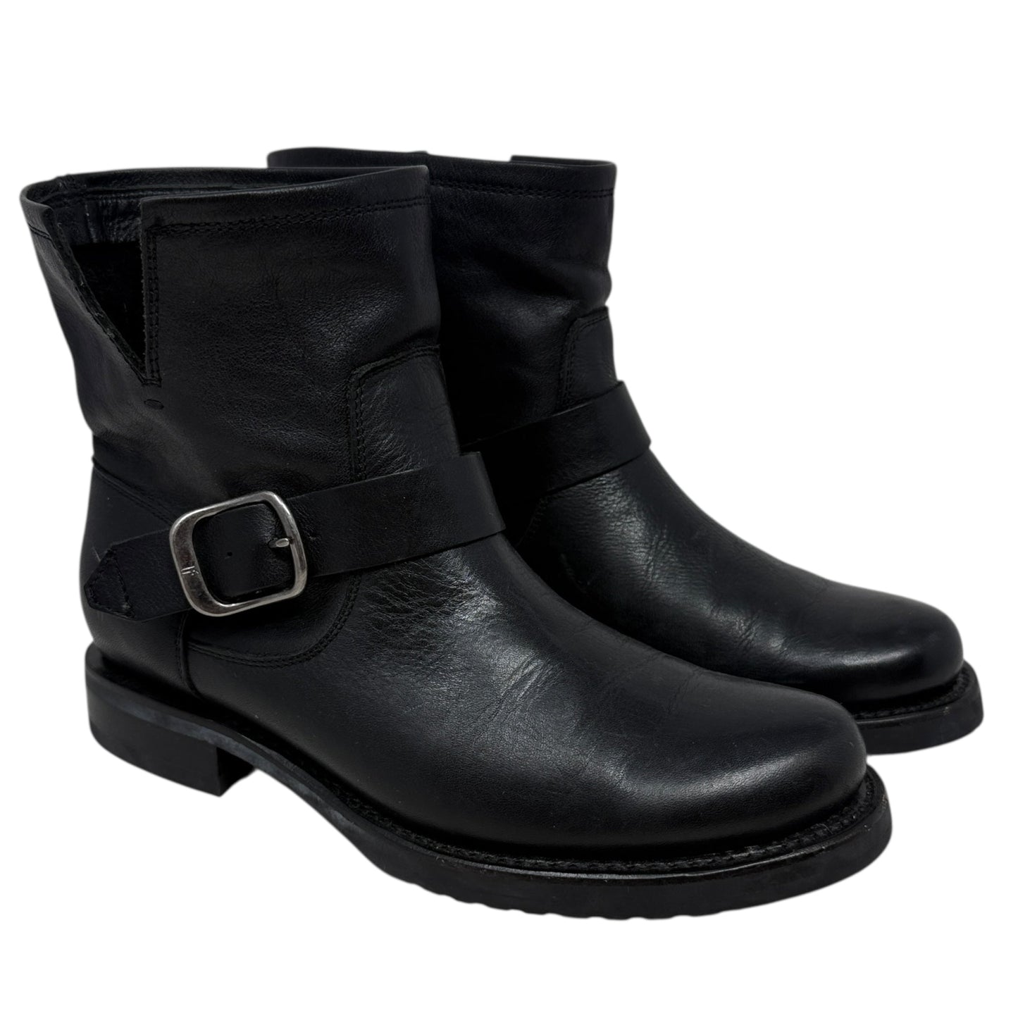 Veronica Flex Leather Buckle Hardware Booties Designer By Frye In Black, Size: 8