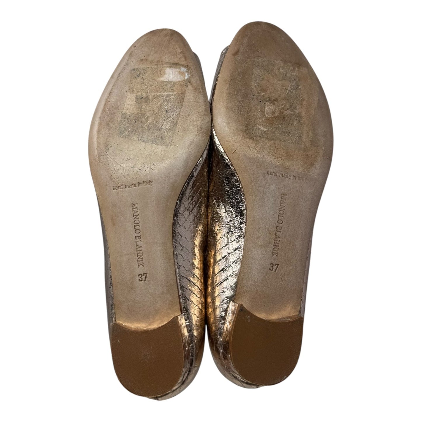 Metallic Snakeskin Peep Toe Block Heel Shoes Luxury Designer By Manolo Blahnik In Rose Gold, Size: 7 (IT 37)