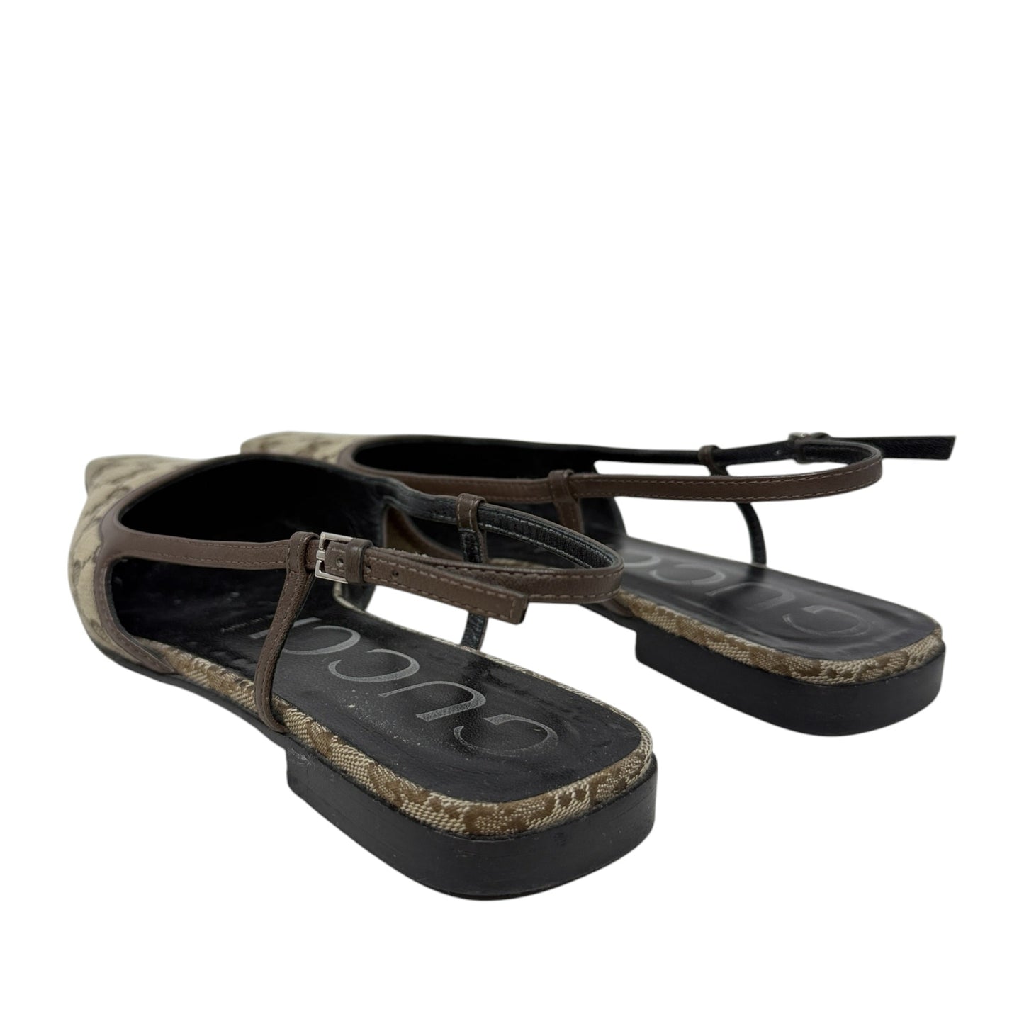 GG Monogram Malaga Kid Square Toe Slingback Pumps Luxury Designer By Gucci In Beige Ebony New Acero, Size: 8 (IT 38)