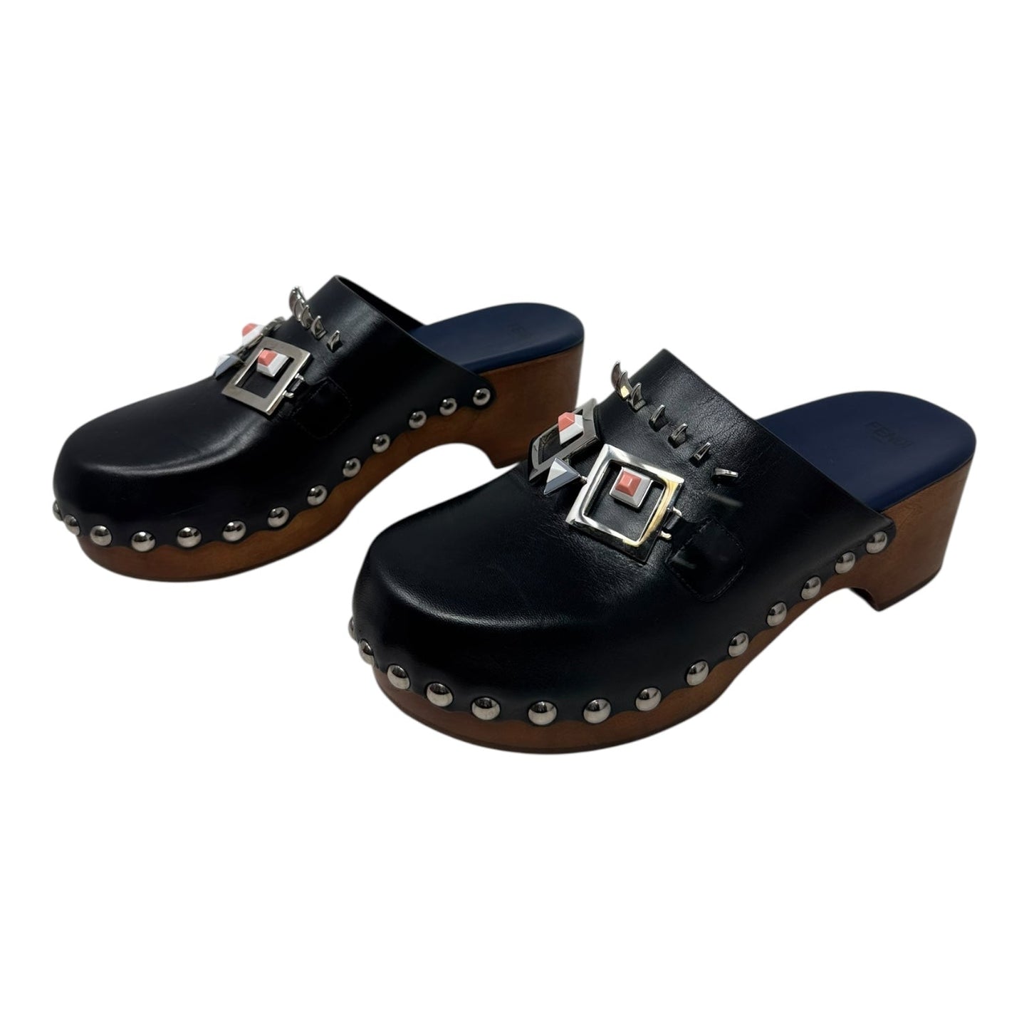 (Monster) Faces Spiked Leather Clogs Luxury Designer By Fendi In Black, Size: US 8 (IT 38)