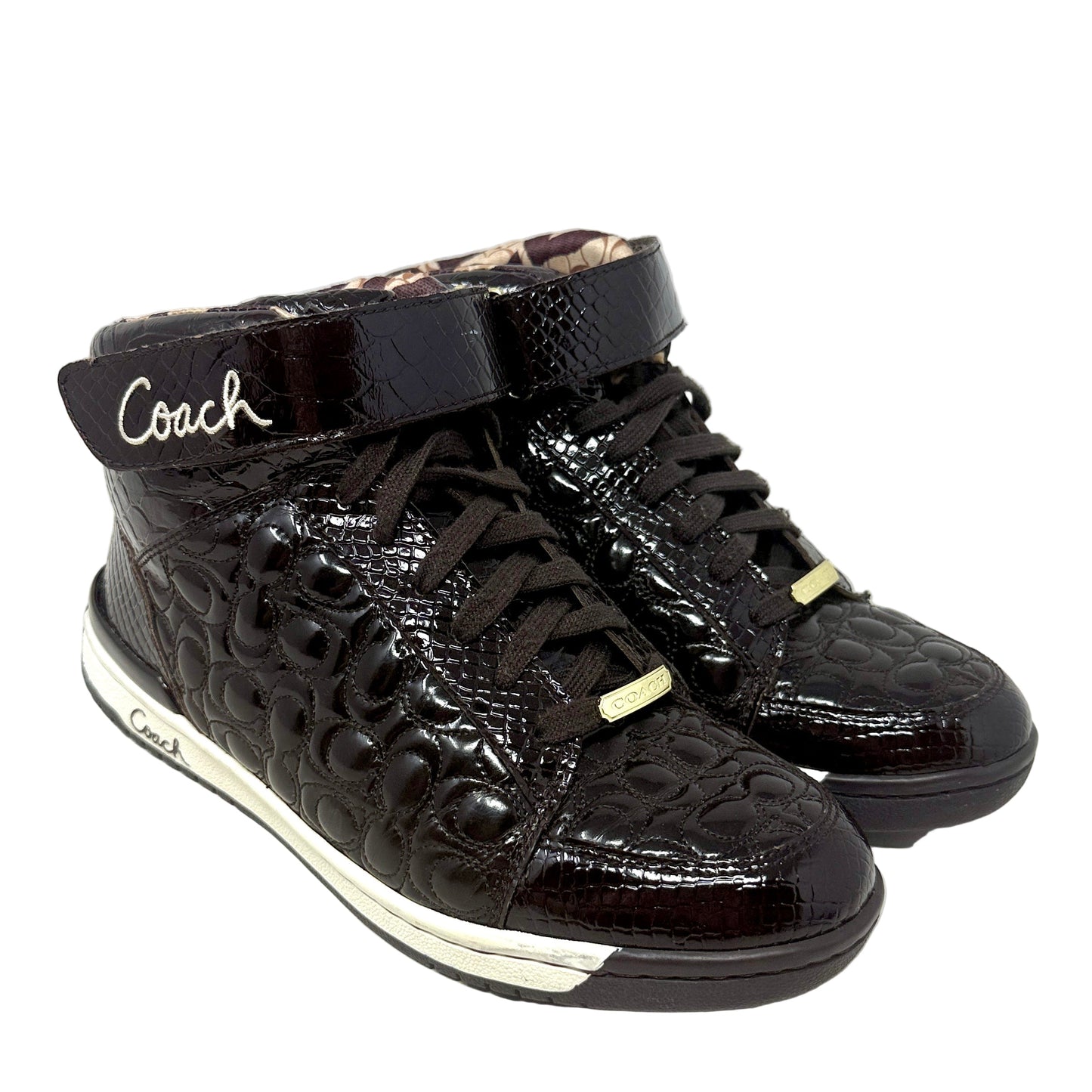 Nanette Patent Leather High Top Sneakers In Chocolate Designer By Coach In Brown, Size: 8.5