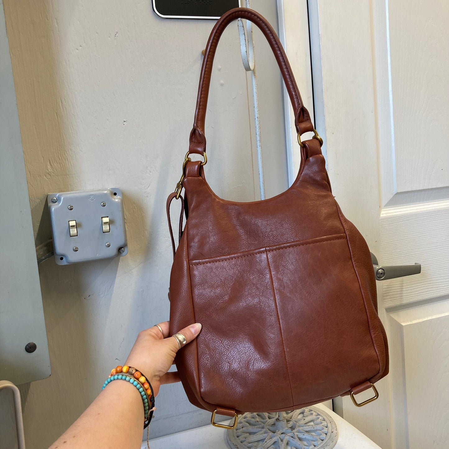 Handbag Leather By American In Brown, Size:Medium