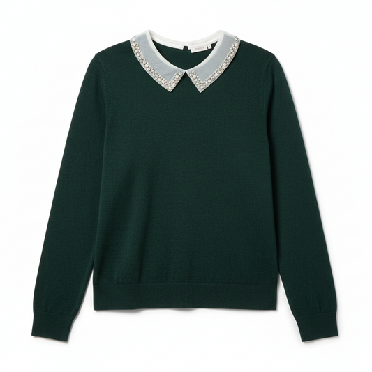 Pearl Embellished Peter Pan Collar Sweater By Liv Milano In Green & White, Size: XL