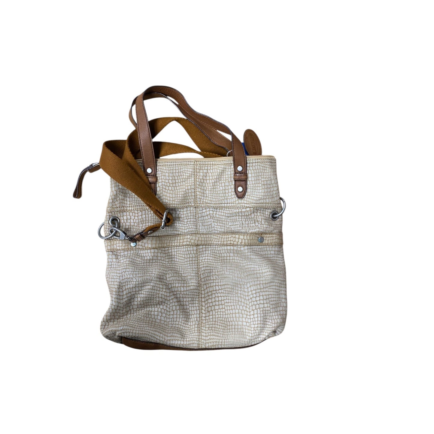 Handbag Leather By Fossil In Brown & Cream, Size:Large