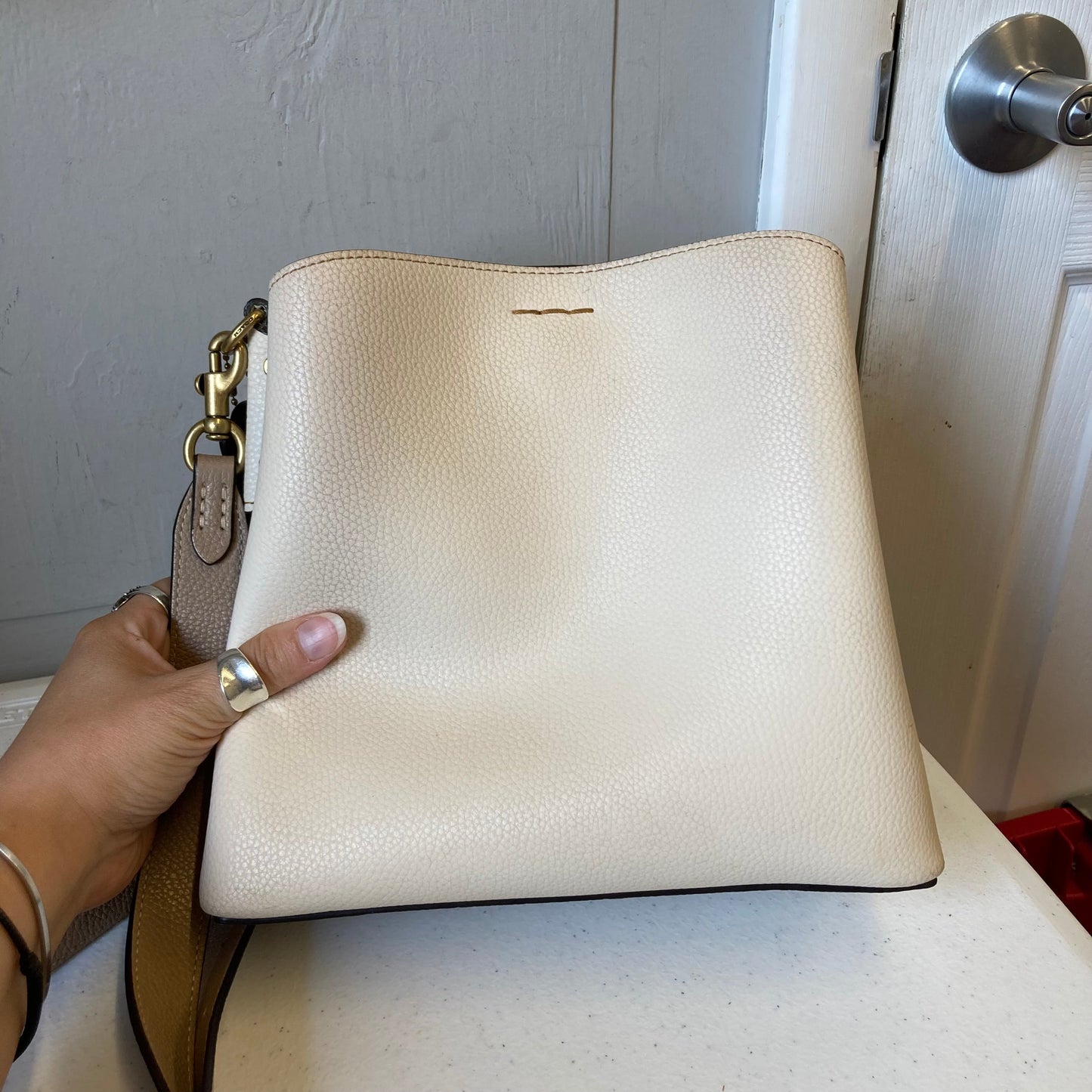 Handbag Designer By Coach In Beige, Size:Small