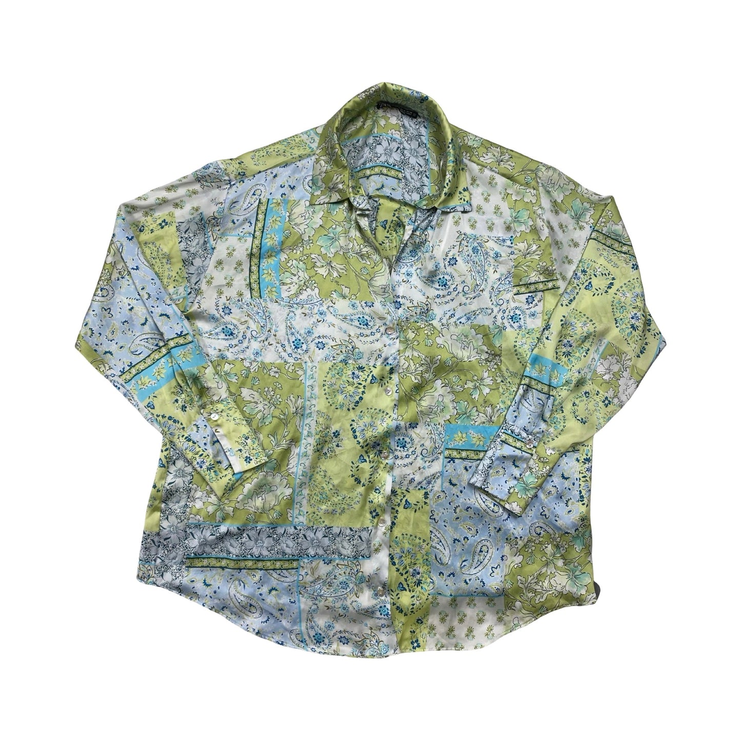 Top 3/4 Sleeve By Zara In Blue & Green, Size:Xl