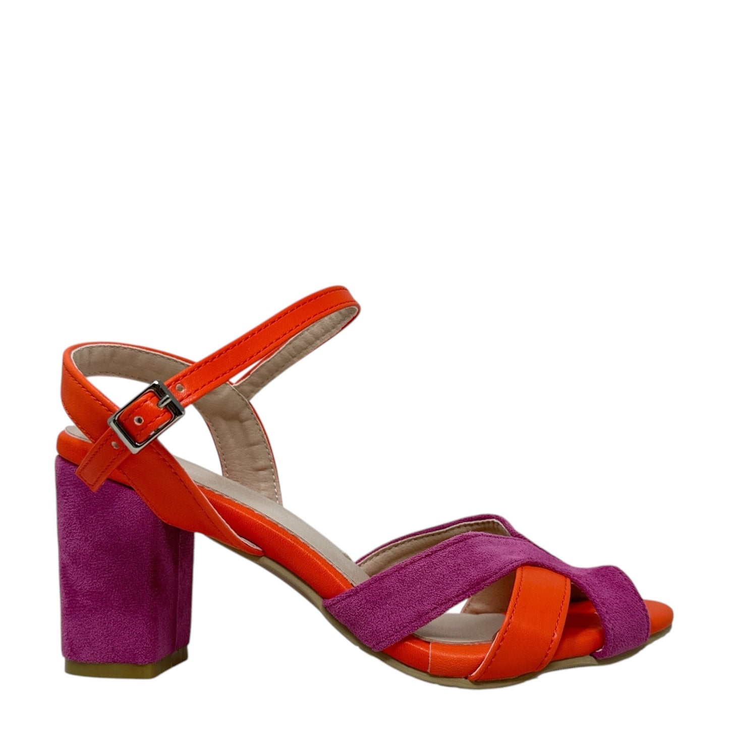 Colorblock Chunky Heel Sandals By JinPin In Orange & Pink, Size: 9
